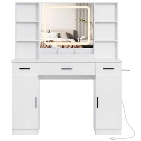 White Makeup Vanity Desk With 3-Colors LED Lighted Mirror & Power Outlet