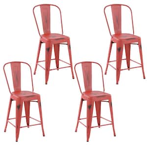THOCAR 24 in. Kitchen Counter Height Red Metal Bar Stools with Slat High Backrest, Indoor Outdoor set of 4