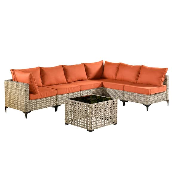 Holston 7-Piece Wicker Modern Outdoor Patio Conversation Sofa Sectional Set with a LED Table and Red Cushions