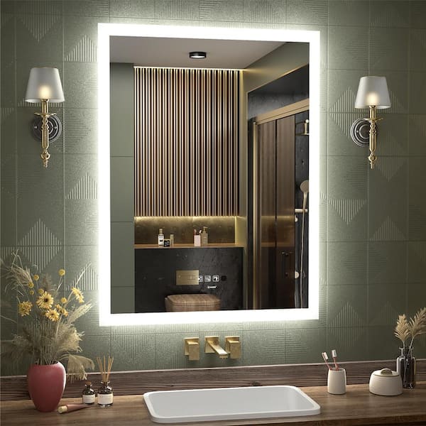 GP GANPE 32 in. W x 24 in. H Large Rectangular Frameless Anti-Fog Sensor Wall Mount Bathroom Vanity Mirror in Silver