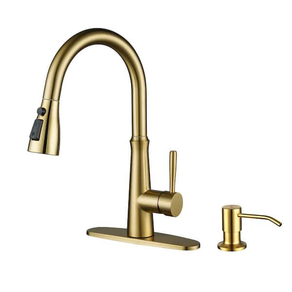 AVITAS 15.4 in. 3-Mode Single Handle Pull Down Sprayer Kitchen Faucet with Soap Dispenser and 360° Swivel Spout in Gold