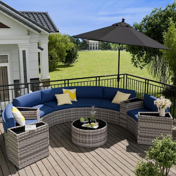 11-Piece Wicker Curved Half-Moon Outdoor Patio Conversation Set with Navy Cushions and Coffee Table