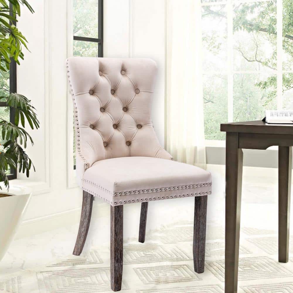Beige Velvet Upholstered High Back Side Chairs with Wood Legs