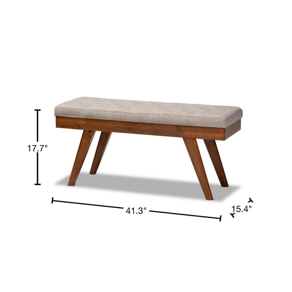 Alona Mid-Century Walnut Brown and Light Grey Fabric Dining Bench