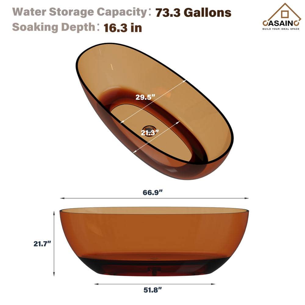67'' Coffee Transparent Resin Freestanding Soaking Bathtub