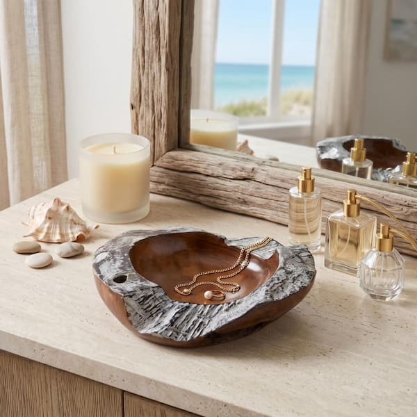 Brown 12 in. Circle Teakwood Decorative Bowl with Burnt Edges