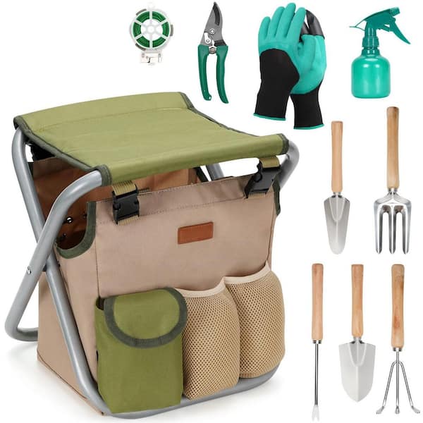 10-Piece Garden Tool Set with Storage Tote Bag and Foldable Seat, Heavy Duty Gardening Hand Tools Kit
