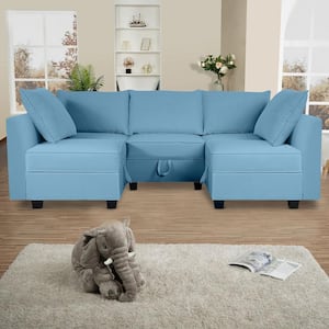 Contemporary 5-Piece Linen Upholstered Sectional Sofa Bed in Robin Egg Blue