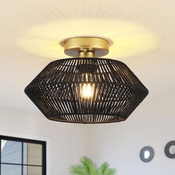 ZJVAIVE 12.59 in. 1-Light Gold and Black Metal Semi-Flush Mount Light with Imitation Hemp Rope Shade and No Bulbs Included