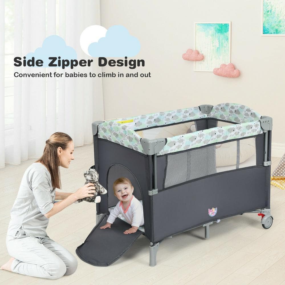 Gray Portable 5-in-1 Baby Bassinet Crib with Changing Station