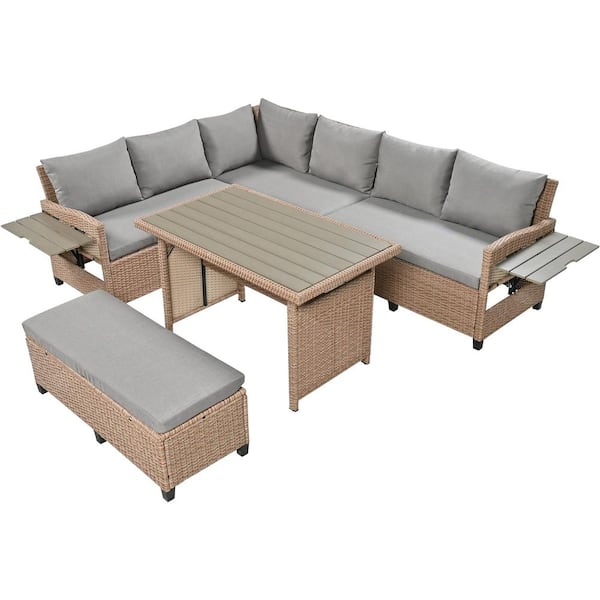 Zeus & Ruta 5-Piece Brown Wicker Outdoor Sectional Set with Gray Cushions, 2 Extendable Side Tables, Dining Table for Backyard