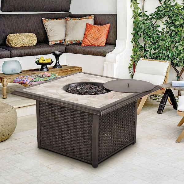 DESwan 55,000 BTU 40.9 in. x 40.9 in. Square Steel Base Ceramic Gas Fire Pit Table in Wicker Finish