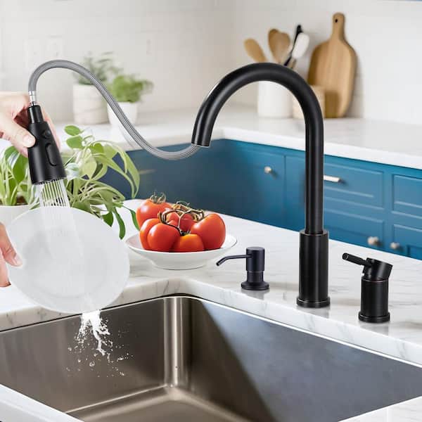 Single Handle Pull Down Sprayer Kitchen Faucet with Soap Dispenser in Oil Rubbed Bronze