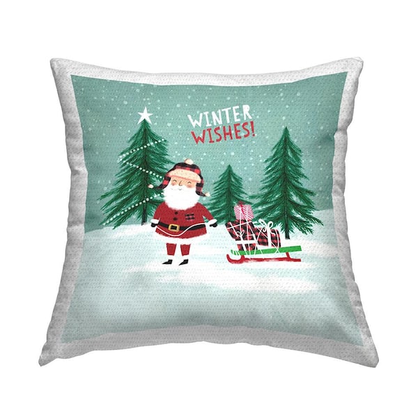 Stupell Industries Winter Wishes Santa Gift Sled Green Square Outdoor Throw Pillow
