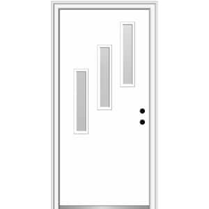 Davina 30 in. x 80 in. Left-Hand Inswing 3-Lite Frosted Glass Primed Fiberglass Prehung Front Door on 6-9/16 in. Frame