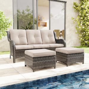 Wicker Outdoor Patio Sofa Sectional Set with Beige Cushions and Ottoman