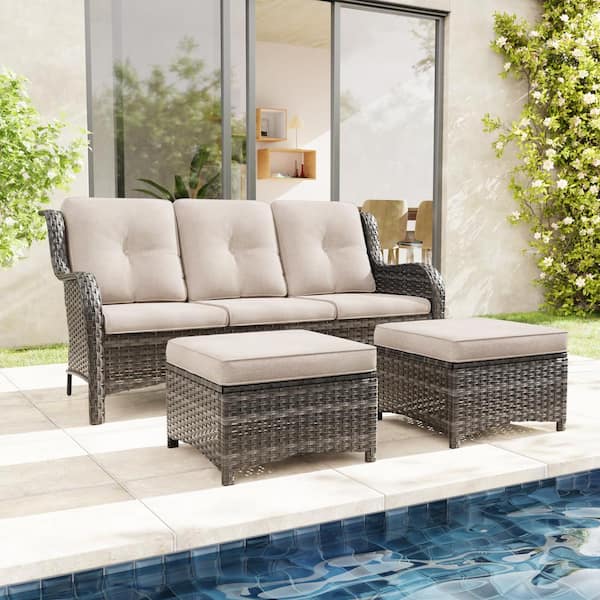 JOYSIDE Wicker Outdoor Patio Sofa Sectional Set with Beige Cushions and Ottoman