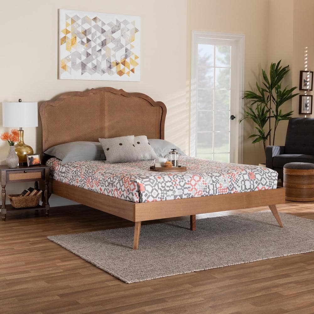 Walnut Brown Queen Wood Frame Platform Bed with Rattan Headboard