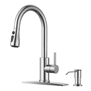 Single Handle Pull Down Sprayer Kitchen Faucet Gooseneck Kitchen Sink Faucet with Soap Dispenser in Brushed Nickel