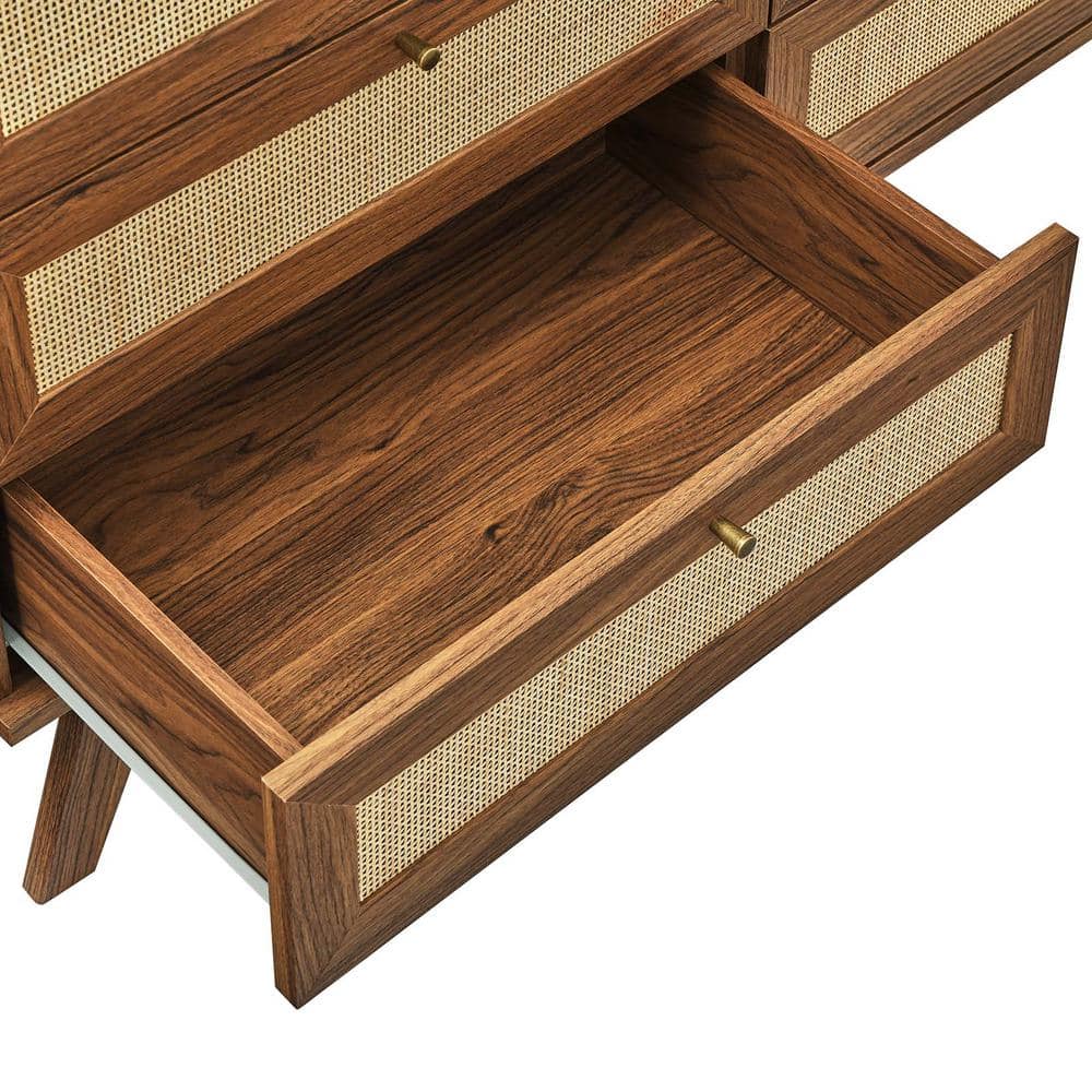 Walnut Double 6-Drawer Dresser with Rattan Weave