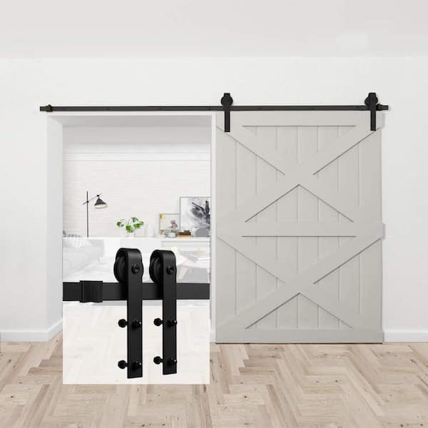 10 ft./120 in. Black Bent Strap Sliding Barn Door Track and Hardware Kit for Single Door with Floor Guide 10 ft./120 in. Black Bent Strap Sliding Barn Door Track and Hardware Kit for Single Door with Floor Guide