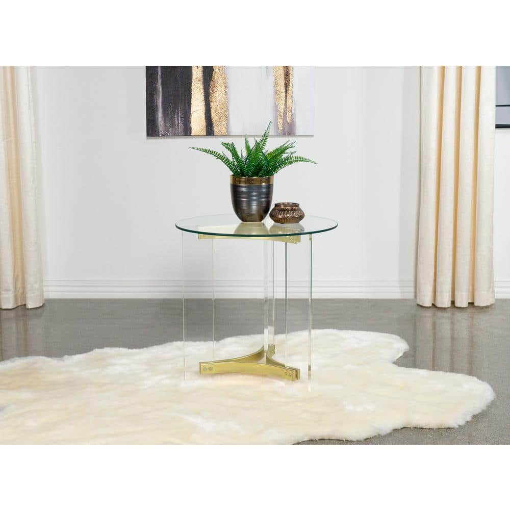 Janessa Round Glass Top End Table with Gold Acrylic Legs