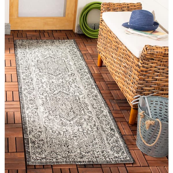 Courtyard Slate/Gray 2 ft. x 12 ft. Border Medallion Floral Indoor/Outdoor Runner Rug
