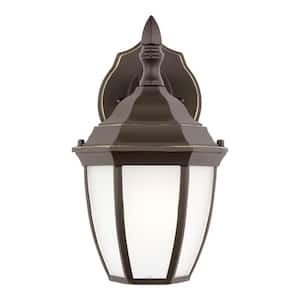 Bakersville Small 6.5 in. 1-Light Antique Bronze Traditional Outdoor Wall Lantern Sconce with Satin Glass and LED Bulb