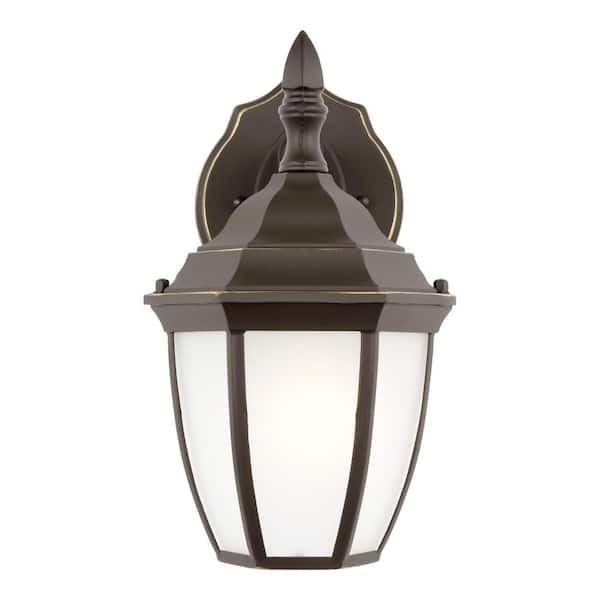 Generation Lighting Bakersville Small 6.5 in. 1-Light Antique Bronze Traditional Outdoor Wall Lantern Sconce with Satin Glass and LED Bulb