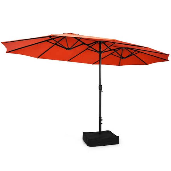 Clihome 15 ft. Double-Sided Twin Market Patio Umbrella in Orange with Crank and Base