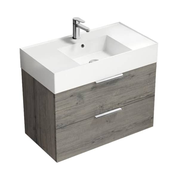 Nameeks Derin 31.89 in. W x 17.32 in. D x 25.2 in. H Modern Bathroom Vanity in Grey Oak With White Ceramic Top
