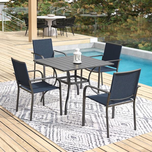 5-Piece Metal Patio Dining Set Square Table with 4-Stackable Chairs