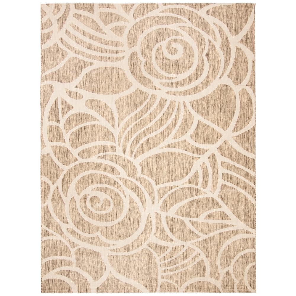 Coffee and Sand Floral Low Pile Indoor/Outdoor Area Rug