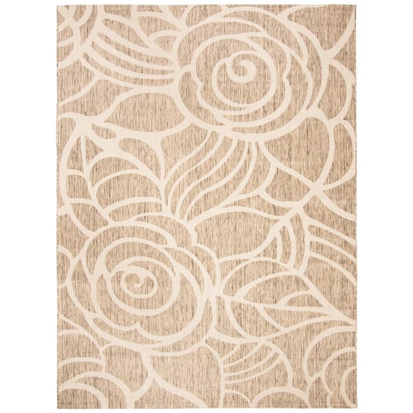 SAFAVIEH Courtyard Coffee/Sand 9 ft. x 12 ft. Floral Indoor/Outdoor Patio  Area Rug