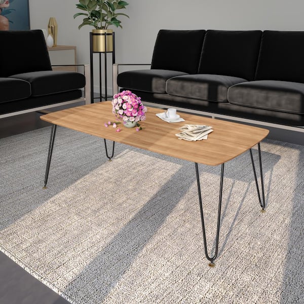 Elmwood 47 in. Coffee Table Modern Rectangular MDF Wood Tabletop with Sturdy Iron Legs Accent Table in Natural