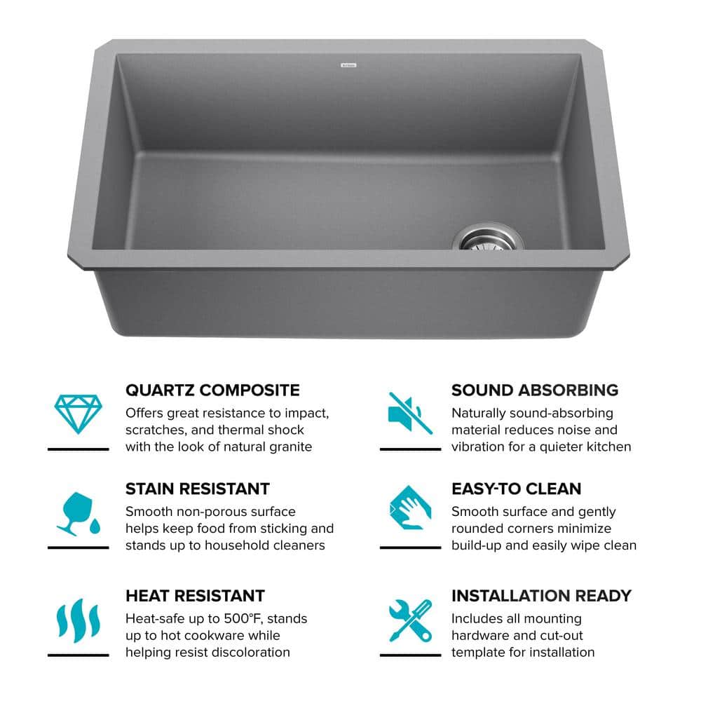 Gray 32-inch Undermount Single Bowl Granite Kitchen Sink