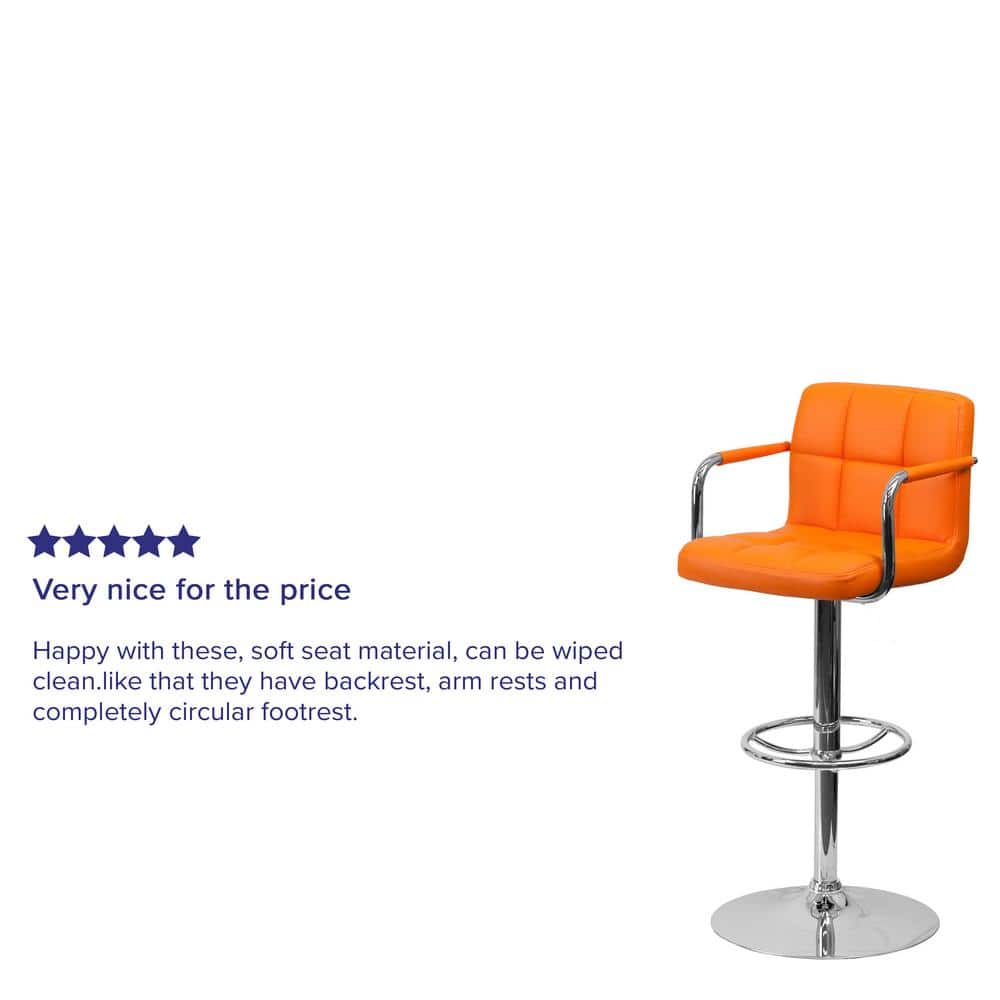 Contemporary Orange Quilted Vinyl Adjustable Swivel Barstool with Chrome Base