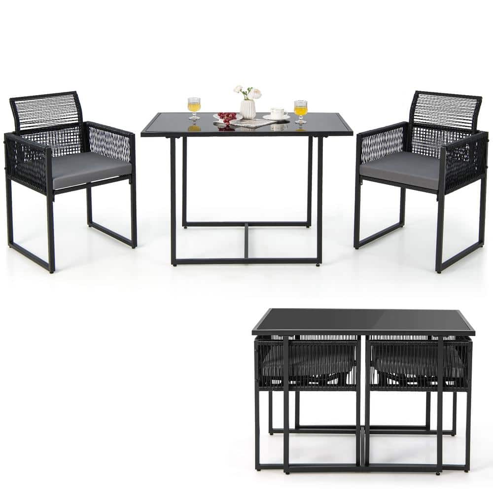 Black PE Rattan 3-Piece Outdoor Dining Set with Grey Cushions