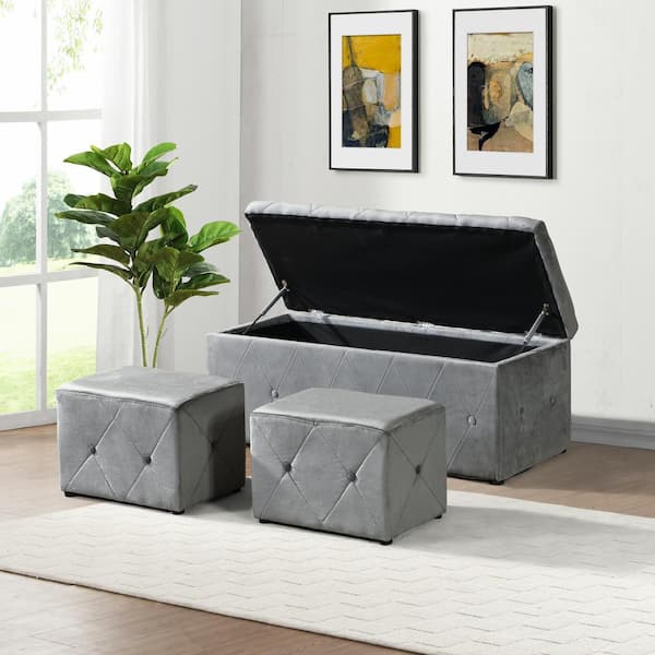Unbranded Modern Light Gray Fabric Linen Nailhead Trim 1 Piece Rectangular Storage Ottoman with 2 Set Ottomans