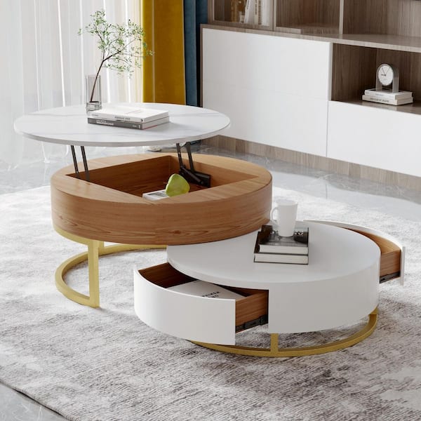 31 in. White and Brown Round Sintered Stone Top Nesting Coffee Table with Lift Top, 2 Storage Drawers for Living Room