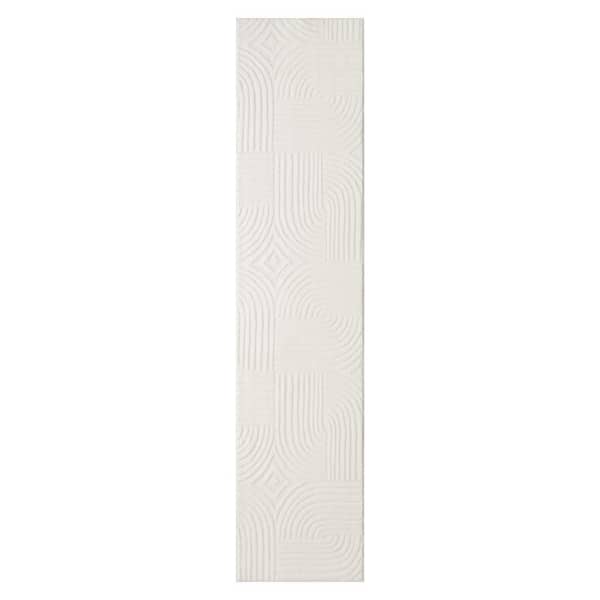 2 ft. x 7 ft. Ivory Stone Geo Curve Washable Indoor Runner Rug