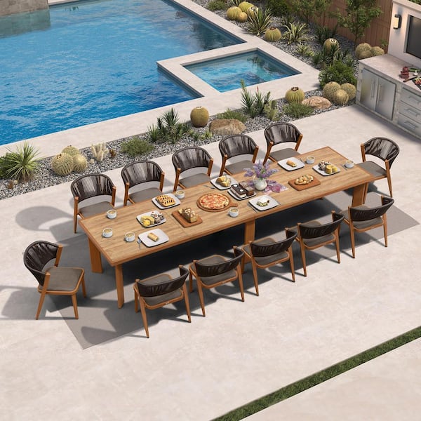 13-Piece Aluminum Wicker Dining Table and Chairs Patio Outdoor Dining Set Teak Patio Furniture Set with Cushions, Brown
