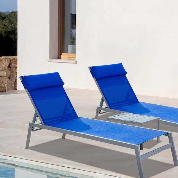 Tenleaf 3-Piece Gray Metal Outdoor Chaise Lounge with Blue Seats, Adjustable Backrest, Headrest, 1 Table