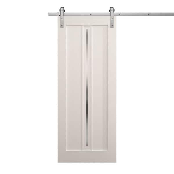 Sartodoors 36 in. x 80 in. Frosted Glass Painted White Oak Solid Wood Single Barn Door Slab With Hardware