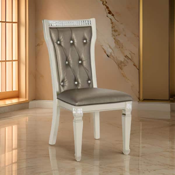 Benjara Champagne and Taupe Gray Faux leather Side Chair with Style and Durability (Set of 2)