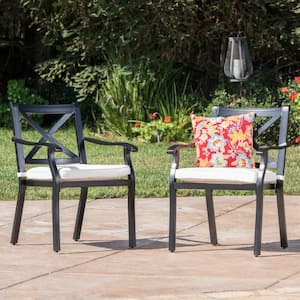 Black Standard Height Aluminum Metal Outdoor Dining Chairs with Ivory Cushions (2-Pack)