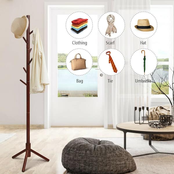 Walnut Wooden Coat Rack Stand Hall Tree Entryway Organizer 2-Heights with 8- Hooks HW65615BN - The Home Depot