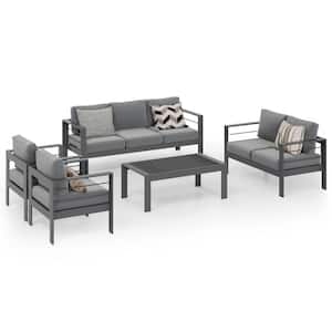 Grey 5-Piece Aluminum Patio Conversation Set with Dark Grey Cushions