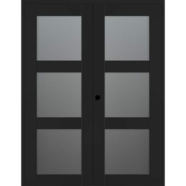 Belldinni Vona 3 Lite 60 in. x 80 in. Right Active 3-Lite Frosted Glass Black Matte Wood Composite Double Prehung Interior Door