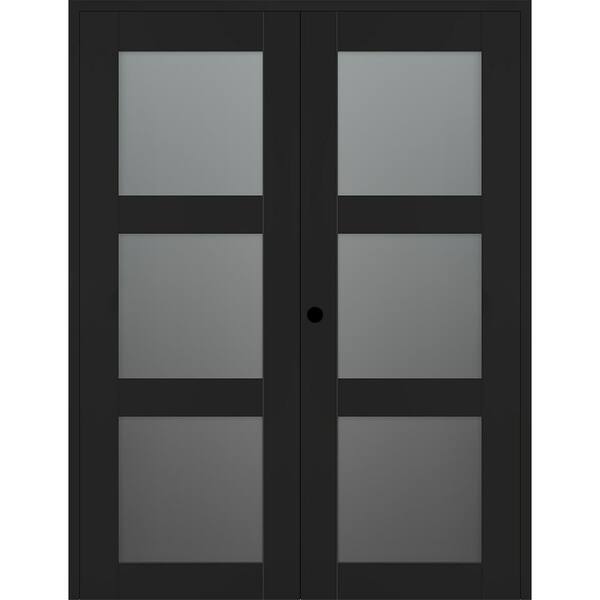 Vona 3 Lite 56 in. x 84 in. Right Active 3-Lite Frosted Glass Black Matte Wood Composite Double Prehung Interior Door